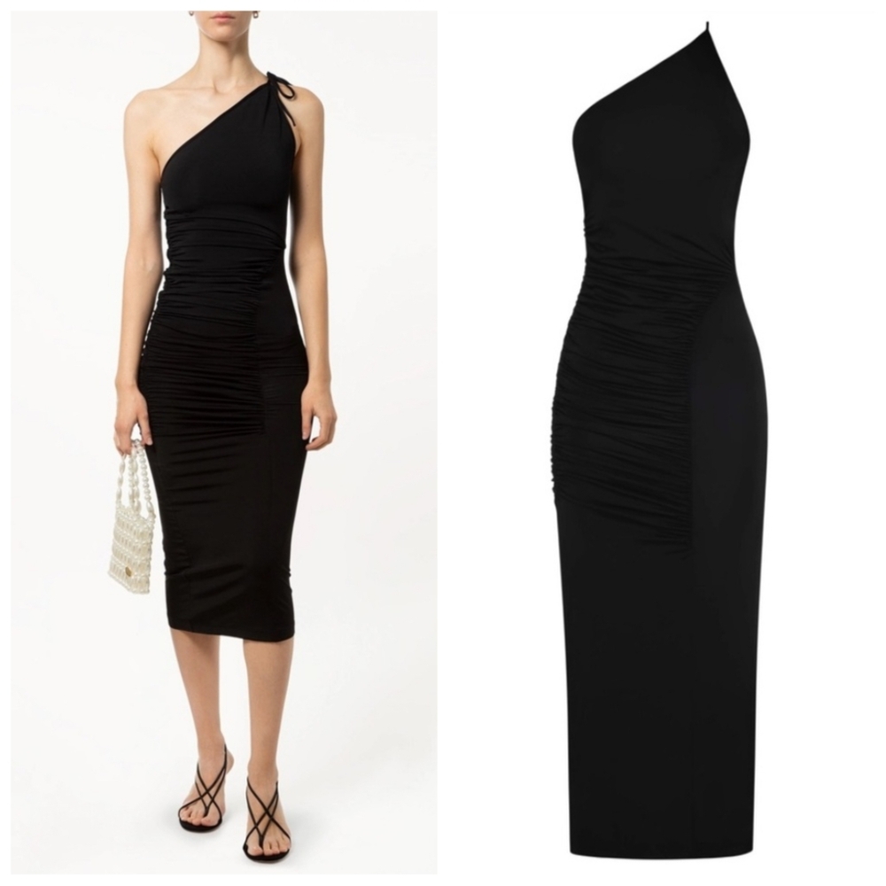 MATERIEL Designer One Shoulder Ruched Dress Black Medium